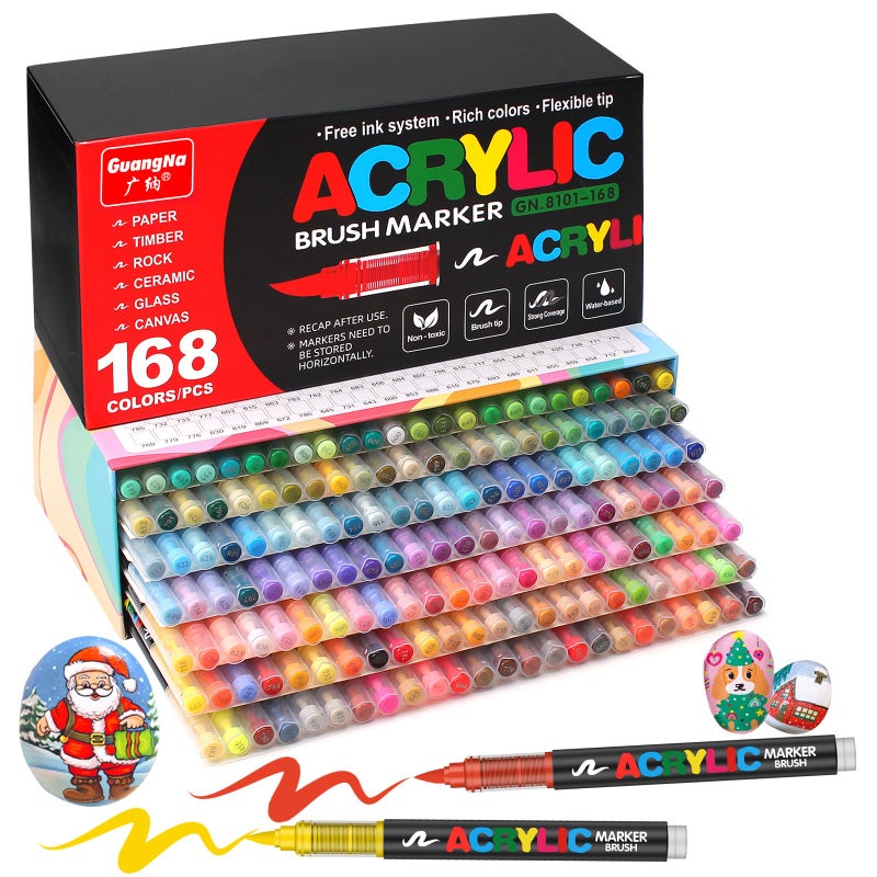 Amamao 168 Colors Acrylic Markers, Soft Brush Tip Paint Pens and Paint Markers, Acrylic Pens for Wood, Stone, Canvas, Glass, Fabric, Egg, Rock Painting and DIY Crafts Art Supplies - Image 1