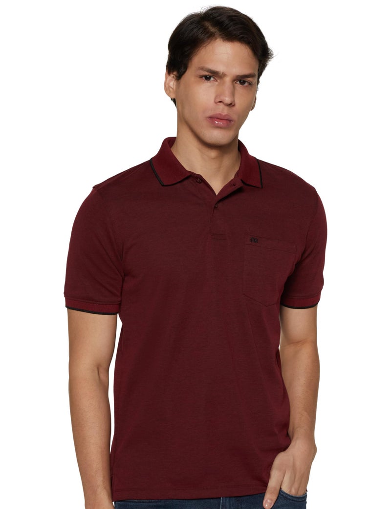 Peter England Men's Premium Branded Regular Fit Half Sleeve Polo T-Shirt with Pocket | Cotton Rich | Birds Eye Interlock Weave Maroon - Image 1