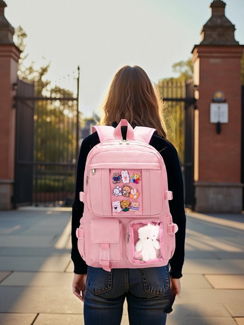 PRLINJSK Kawaii Backpack for Teen Girls, Cute Aesthetic High Middle School College Bookbag with Accessories, Pink - Image 2