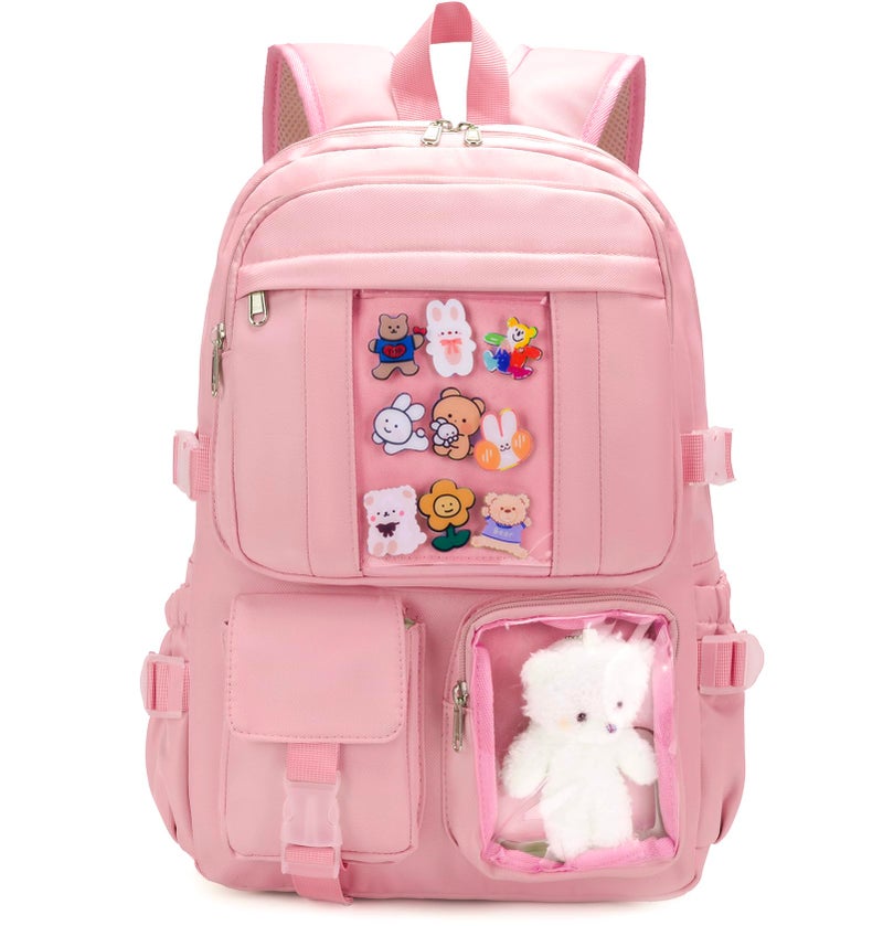 PRLINJSK Kawaii Backpack for Teen Girls, Cute Aesthetic High Middle School College Bookbag with Accessories, Pink - Image 1