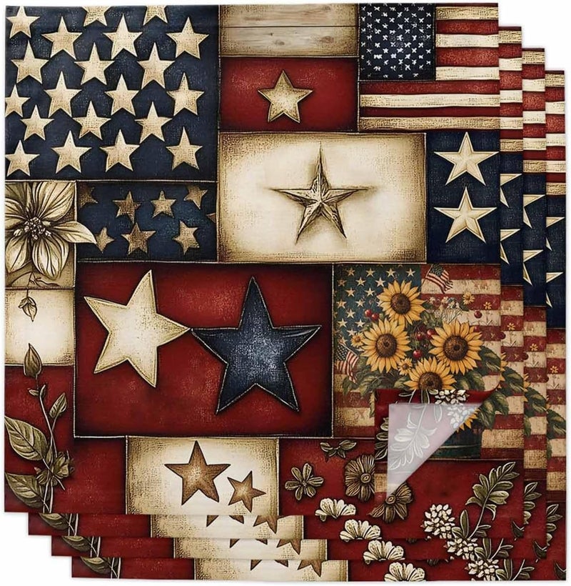IDOWMAT Retro American Flag Farm Sunflower Cloth Napkins Set of 4 Washable Napkins Cloth Independence Day Table Dinner Napkins for Kitchen Wedding Parties - Image 1