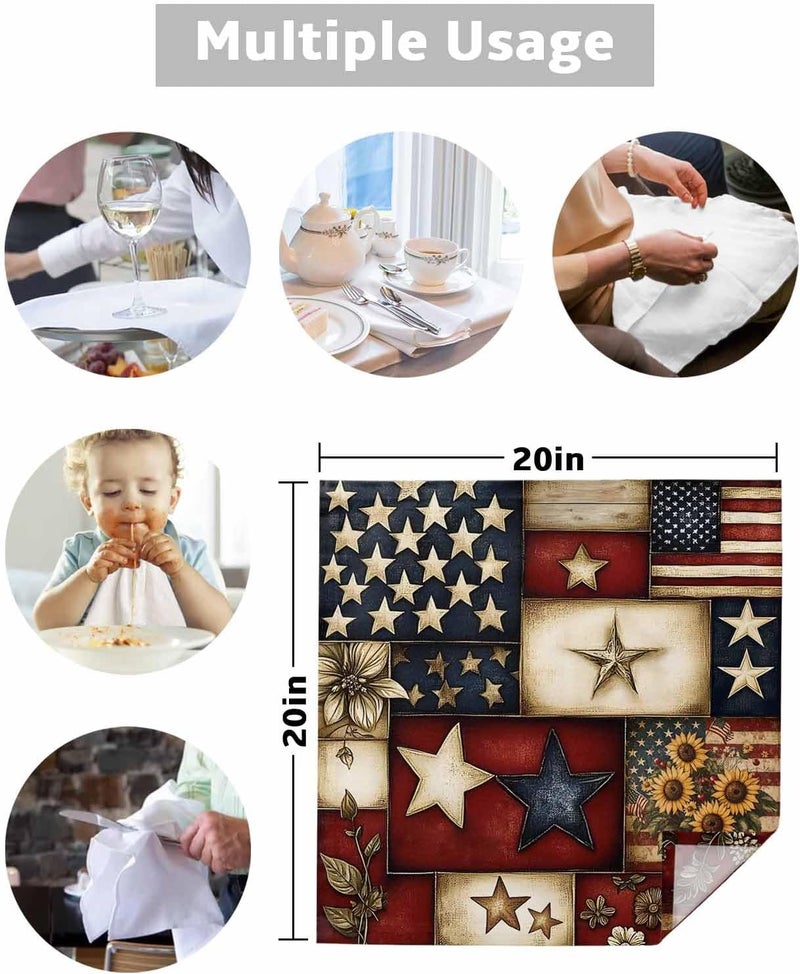 IDOWMAT Retro American Flag Farm Sunflower Cloth Napkins Set of 4 Washable Napkins Cloth Independence Day Table Dinner Napkins for Kitchen Wedding Parties - Image 5