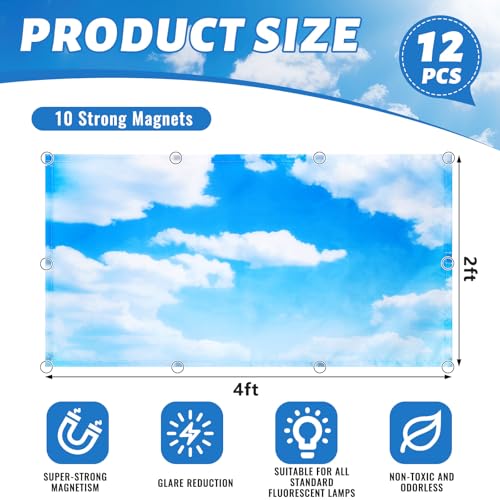 Hortsun 12 Pcs Fluorescent Light Covers Bulk, 4 x 2 ft Magnetic Fluorescent Drop Ceiling Lighting Covers Light Filter Shade for Home, Office, Hospital, School Classroom Decoration(Blue Sky Cloud) - Image 2