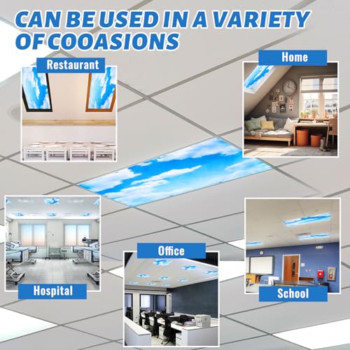 Hortsun 12 Pcs Fluorescent Light Covers Bulk, 4 x 2 ft Magnetic Fluorescent Drop Ceiling Lighting Covers Light Filter Shade for Home, Office, Hospital, School Classroom Decoration(Blue Sky Cloud) - Image 4