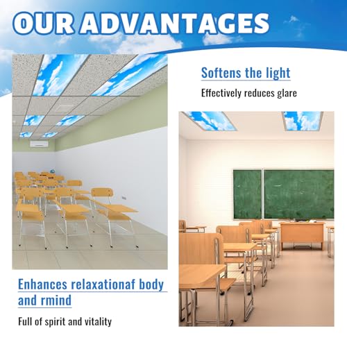 Hortsun 12 Pcs Fluorescent Light Covers Bulk, 4 x 2 ft Magnetic Fluorescent Drop Ceiling Lighting Covers Light Filter Shade for Home, Office, Hospital, School Classroom Decoration(Blue Sky Cloud) - Image 5