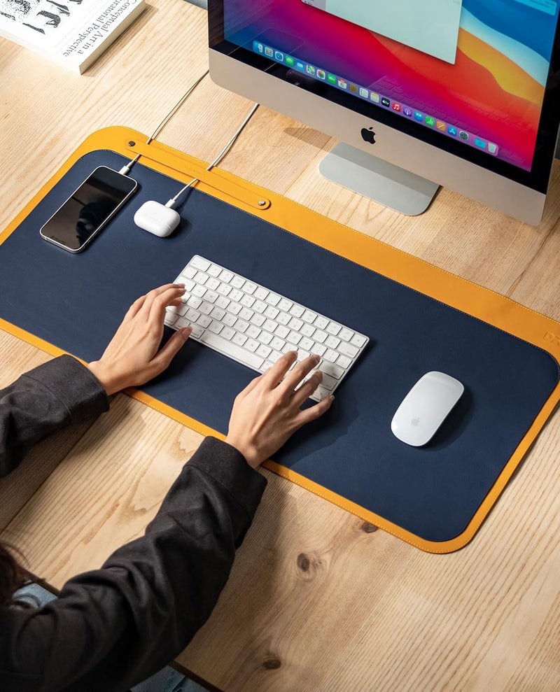 Daily Objects Dart Large Premium Vegan Leather Desktop/Laptop Desk Mat for Work from Home/Office/Gaming | Cable Organiser & Hideway Storage | Extended Mousepad & Water-Resistant - Mustard - Model - R1 - Image 1