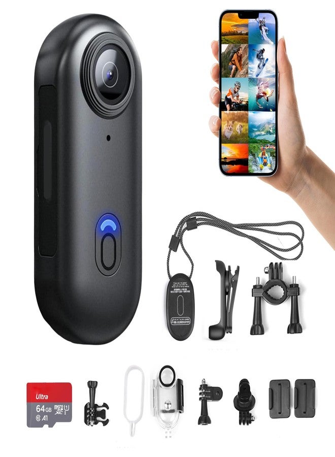 FOUKWAKC H8 64GB 4K Thumb Action Camera, Mini Body Cameras, Wearable Pocket Vlogging Camera, Multiple Accessory Mount Anywhere Small Portable Hands-Free Helmet Cam for Work, Cycling, Travel, Pet Walking (Black - Image 1