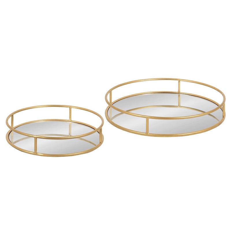 Kate and Laurel Kate and Laurel Felicia Modern Glam Metal Nesting Trays  Decorative Round Shape with Handles and Mirror Surface Set of 2 Gold 