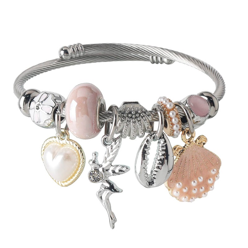 DS Charm Bracelets for girls,exquisite cute cartoon friendship bracelets Stainless Steel Bangle with birthday Gift box, Adjustable girls jewelry Suitable for holiday gifts (Silver-pink butterfly 2) - Image 1