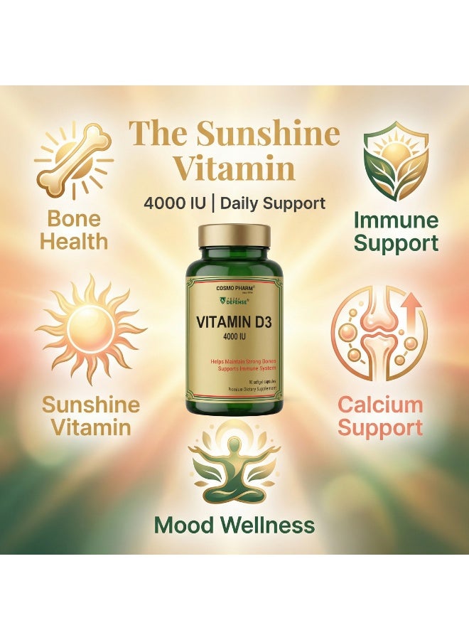 Cosmo Pharm Vitamin D3 4000 IU | Supports Strong Bones & the Immune System | 90 Softgels - Image 3
