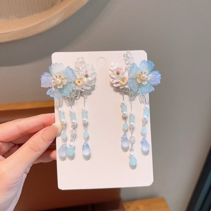Generic New Antique Childrens Hairpin Hanfu Ancient Clothes Hair Accessories Cute Girls Tassel Flower Hairpin Little Girls Super Fairy Clip 02# blue coral tassel pair