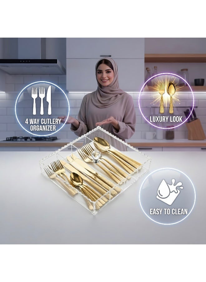 بيتى صندوق منظم أدوات المائدة من الأكريليك الشفاف بلون البتولا مع مقبض كريستالي، حاوية تخزين أدوات المطبخ، تصميم موفر للمساحة بأربعة جوانب - Image 5
