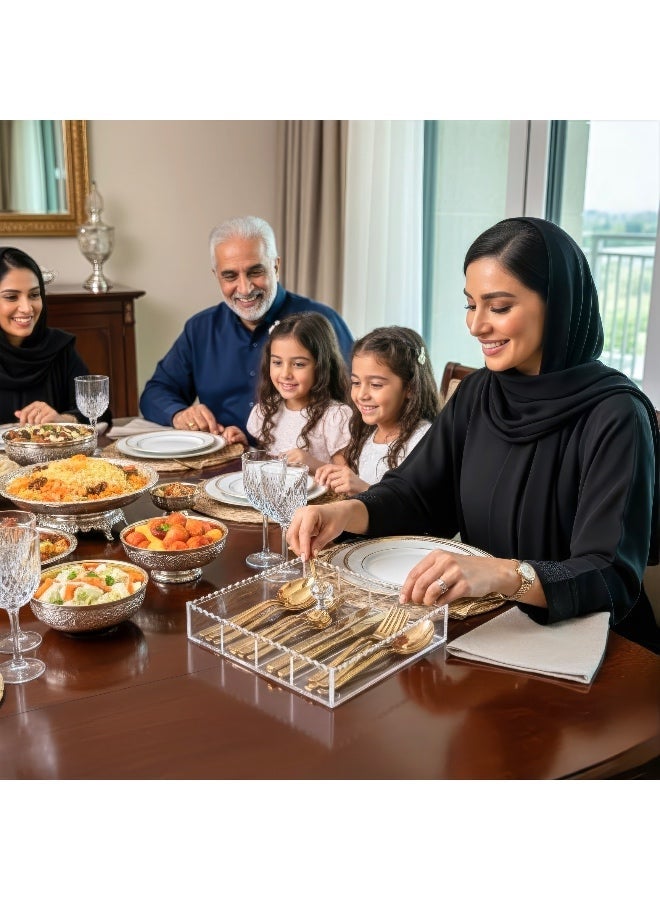 بيتى صندوق منظم أدوات المائدة من الأكريليك الشفاف بلون البتولا مع مقبض كريستالي، حاوية تخزين أدوات المطبخ، تصميم موفر للمساحة بأربعة جوانب - Image 2