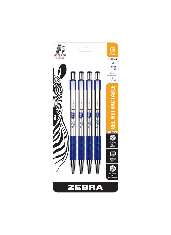 Zebra Pen Zebra Pen G-301 Retractable Gel Pen, Premium Stainless Steel Barrel, Medium Point, 0.7mm, Blue Ink, 4-Pack, (41324)  - Image 1