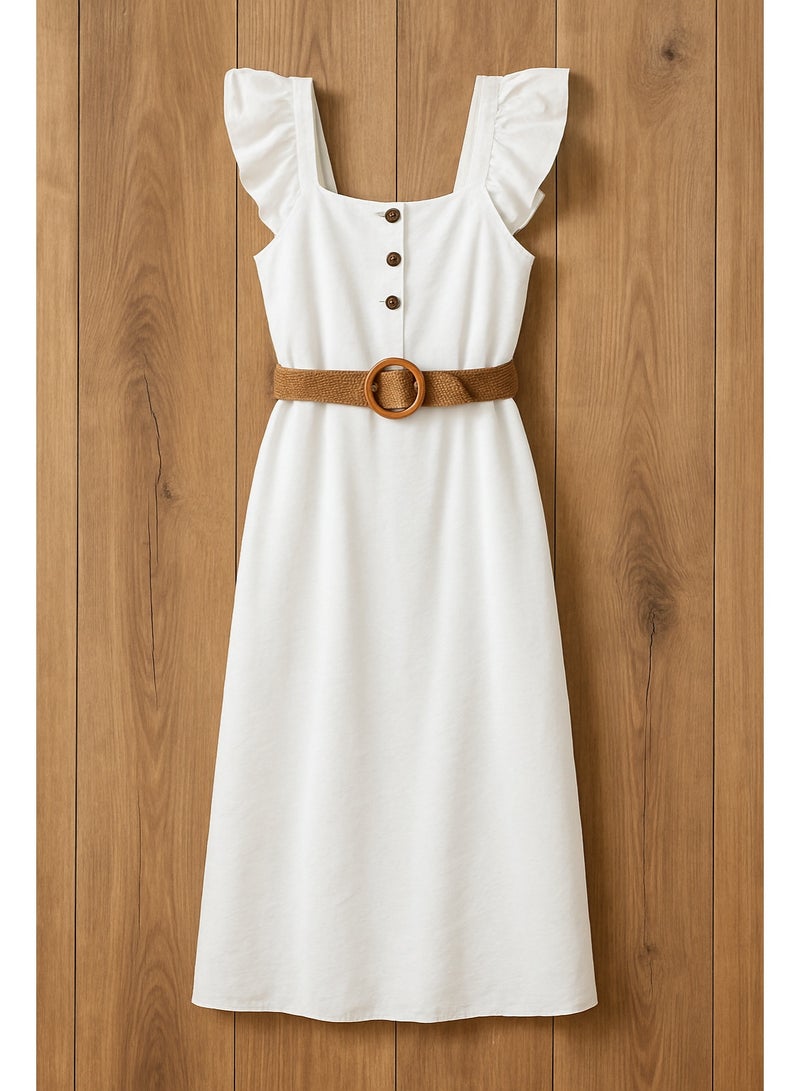 Women’s White Summer Dress – Elegant Button-Front Style with Linen Belt – Perfect for Daily Outfits – Comfortable XXL Fit - Image 3