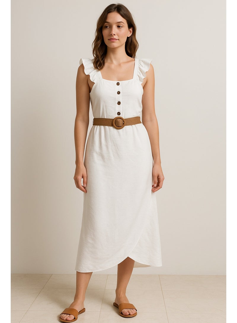 Women’s White Summer Dress – Elegant Button-Front Style with Linen Belt – Perfect for Daily Outfits – Comfortable XXL Fit - Image 4
