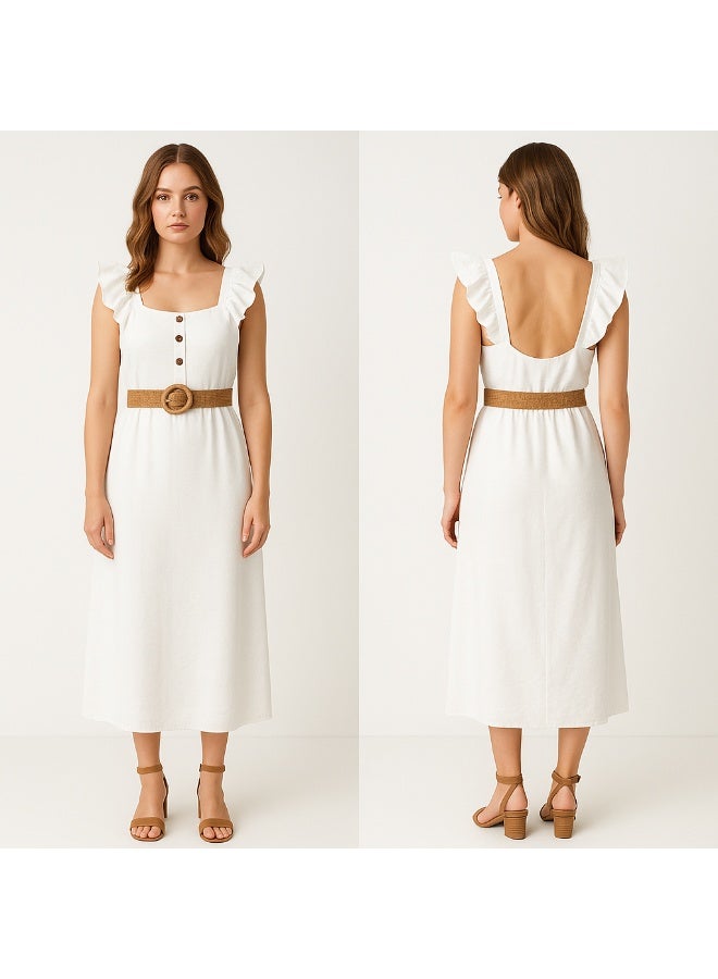 Women’s White Summer Dress – Elegant Button-Front Style with Linen Belt – Perfect for Daily Outfits – Comfortable XXL Fit - Image 1
