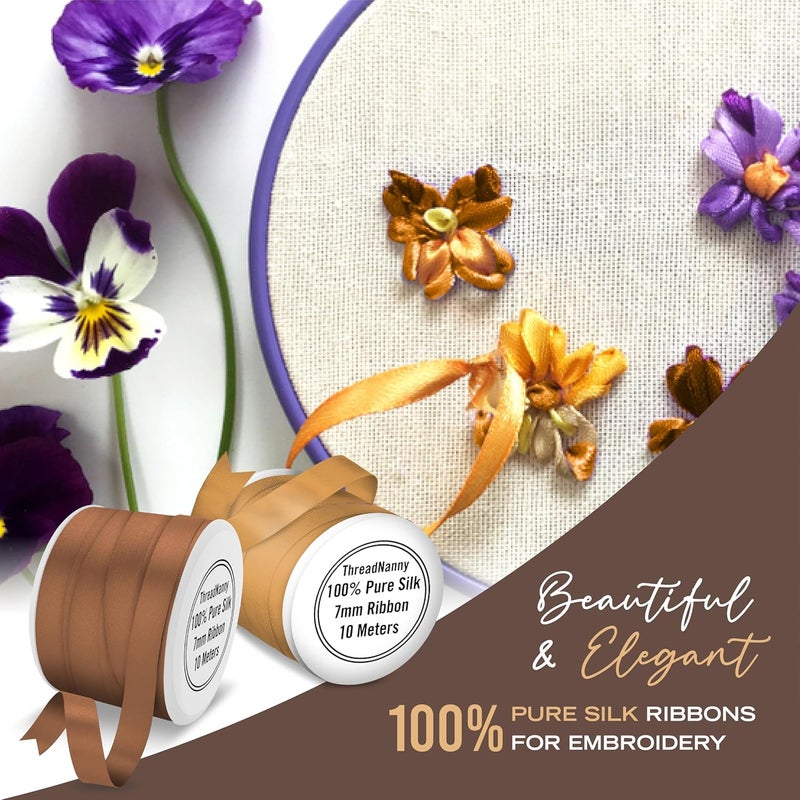 ThreadNanny New 7mm Size ThreadNanny 6 Spools of 100 Pure Silk Ribbons  Brown Tones  60 MTS x 7mm - Image 4