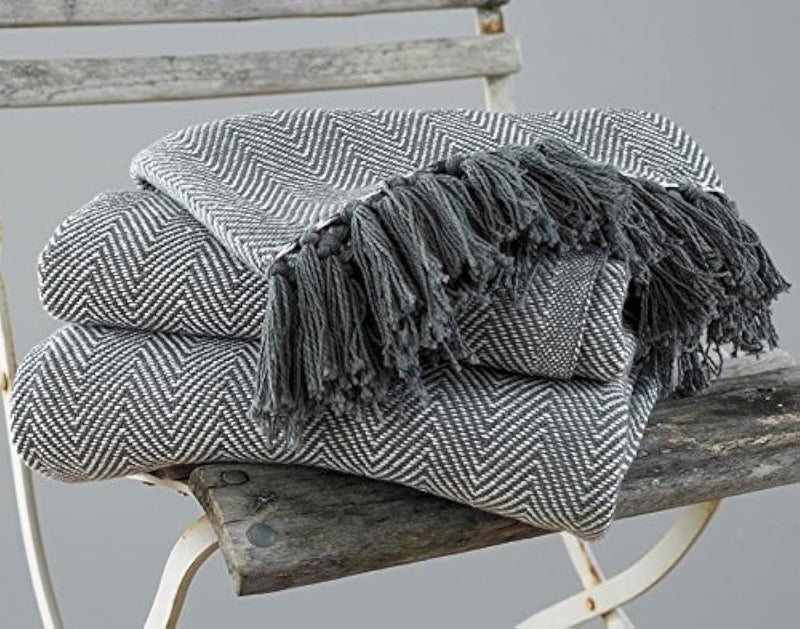 EHC Herringbone King Size 100 Cotton Throws for Sofa Bed Blanket Throw 220 x 250 cm  Grey