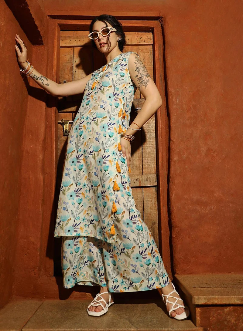 QISSA Qissa Women's Multicolour Floral Tassel Kurta With Palazzo For Casual Wear | Mandarin Collar | Sleevesless | 2 Piece Kurta Set Designed With Comfort Fit For Everyday Ethnic Wear