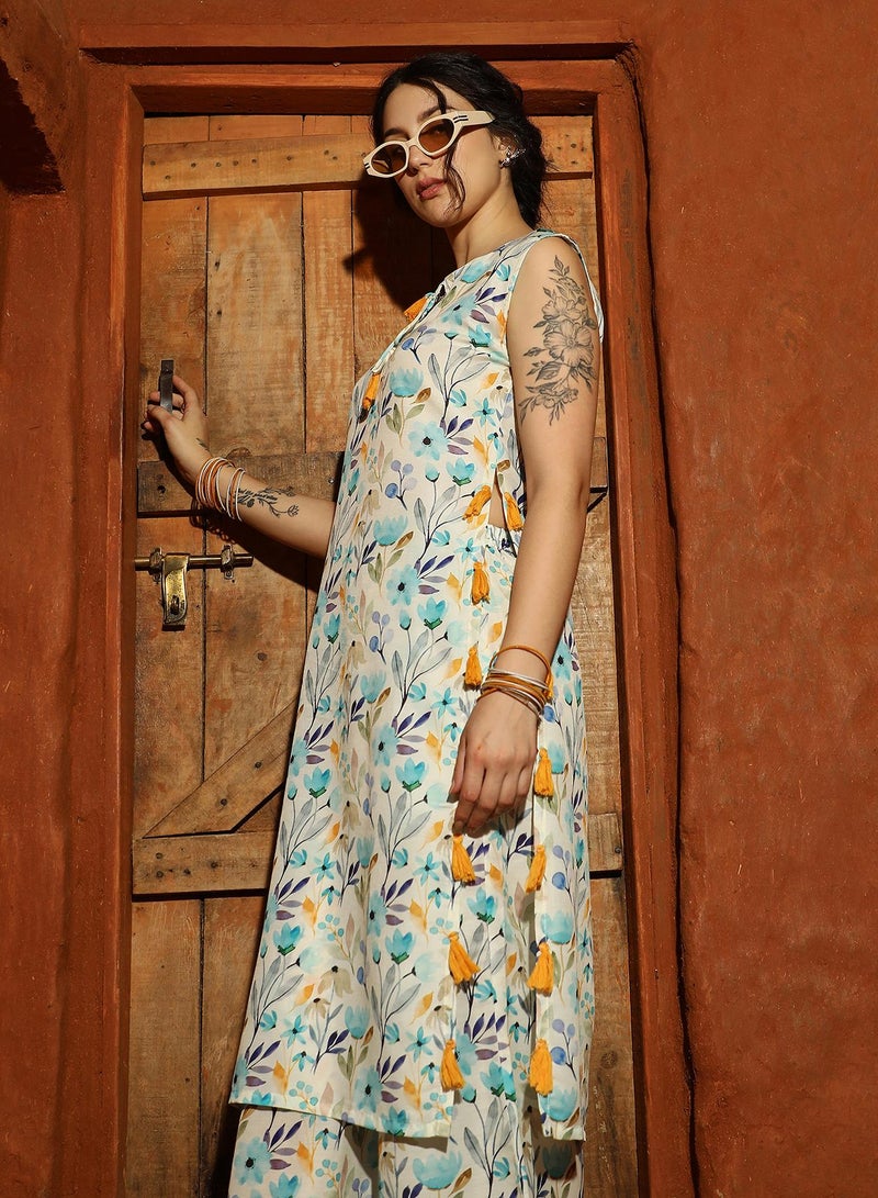 Qissa Women's Multicolour Floral Tassel Kurta With Palazzo For Casual Wear | Mandarin Collar | Sleevesless | 2 Piece Kurta Set Designed With Comfort Fit For Everyday Ethnic Wear - Image 5