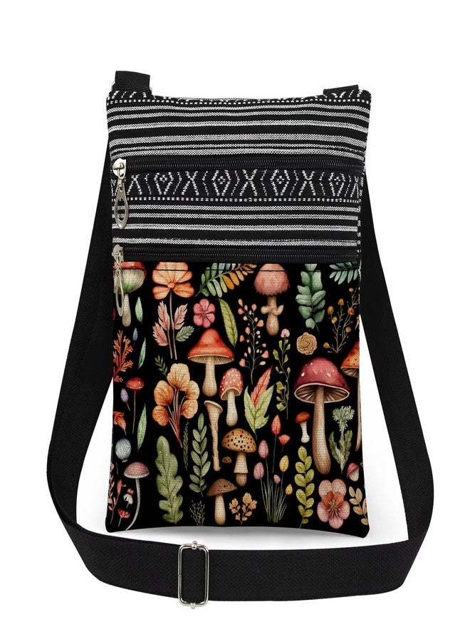XiaoGalaee Mushroom Fungal Art Print Crossbody Bag Mushroom Floral Design Messenger Bag Adjustable Shoulder Strap for Adult Sisters Teens Birthday Gift for Nature​​ Travel Crossbody Purse (Black) - Image 1