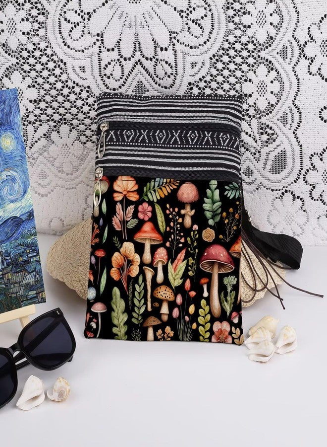 XiaoGalaee Mushroom Fungal Art Print Crossbody Bag Mushroom Floral Design Messenger Bag Adjustable Shoulder Strap for Adult Sisters Teens Birthday Gift for Nature​​ Travel Crossbody Purse (Black) - Image 3