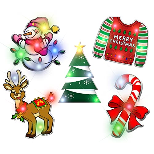 FlashingBlinkyLights Assorted Christmas Light Up LED Lapel Pins Set of 5 Snowman Sweater Christmas Tree Reindeer Candy Cane - Image 1