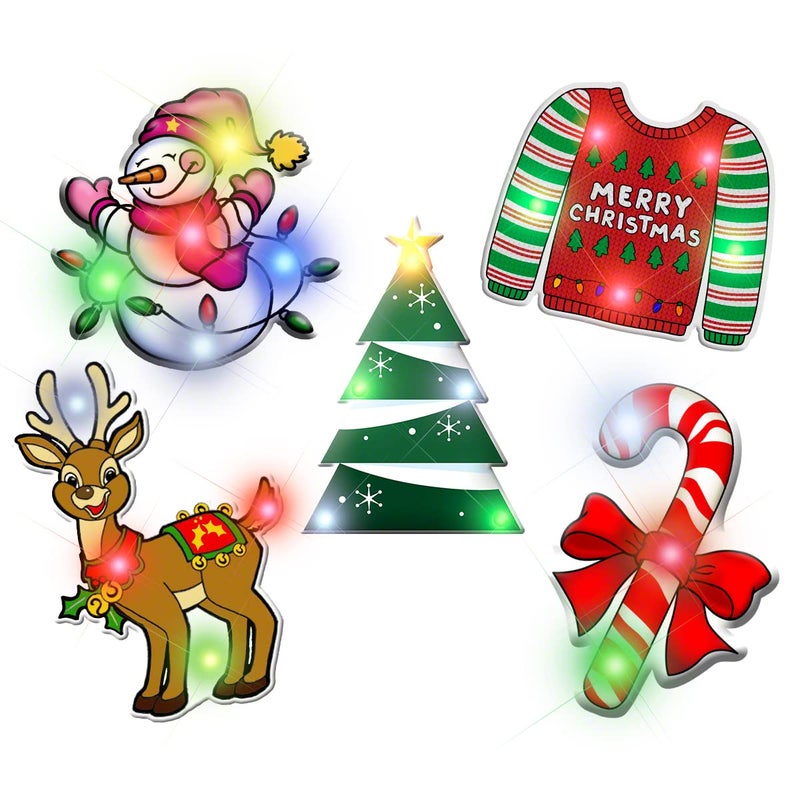 FlashingBlinkyLights Assorted Christmas Light Up LED Lapel Pins Set of 5 Snowman Sweater Christmas Tree Reindeer Candy Cane - Image 2