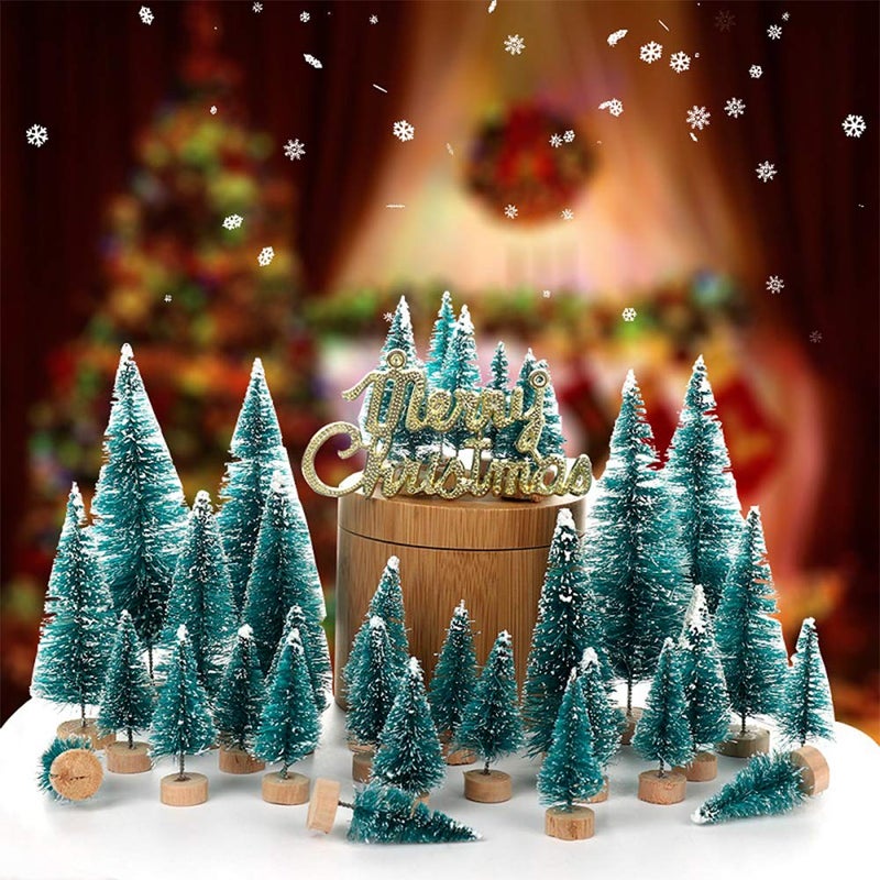 Orgrimmar 24 PCS Artificial Mini Christmas Trees Snow Frost Ornaments Bottle Brush Trees with Wooden Bases for Christmas Home Party Decoration 6 Sizes