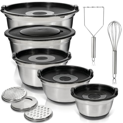 WHYSKO Stainless Steel Mixing Bowls with Lids Set - 5 Rustproof Metal Nesting Mixing Bowls for Kitchen, Meal Prep, Baking, Cooking, Storage - Includes 3 Grater Attachments, Dishwasher Safe - Image 1