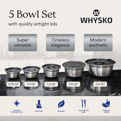 WHYSKO Stainless Steel Mixing Bowls with Lids Set - 5 Rustproof Metal Nesting Mixing Bowls for Kitchen, Meal Prep, Baking, Cooking, Storage - Includes 3 Grater Attachments, Dishwasher Safe - Image 2