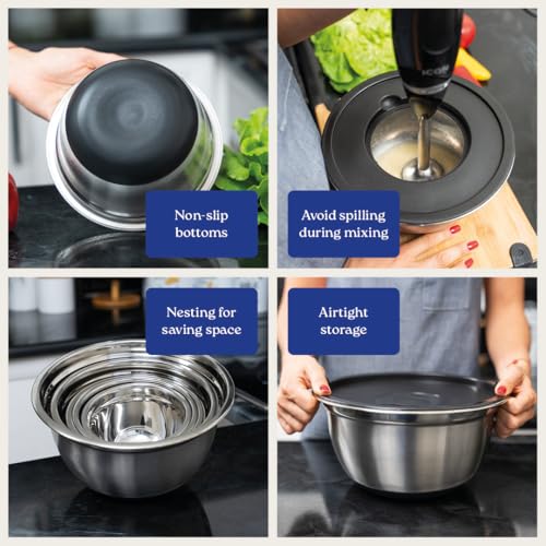 WHYSKO Stainless Steel Mixing Bowls with Lids Set - 5 Rustproof Metal Nesting Mixing Bowls for Kitchen, Meal Prep, Baking, Cooking, Storage - Includes 3 Grater Attachments, Dishwasher Safe - Image 3