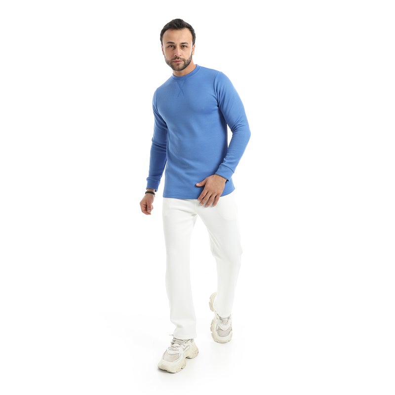 Andora Crew Neck Collar Self Patterened Blue Long Sleeves Pullover-Blue - Image 5