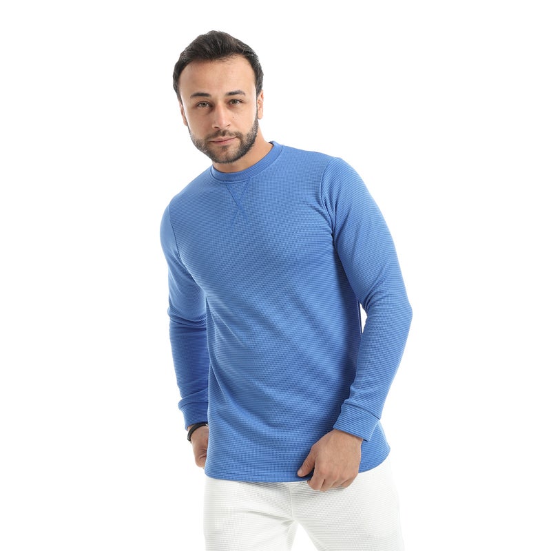 Andora Crew Neck Collar Self Patterened Blue Long Sleeves Pullover-Blue - Image 2