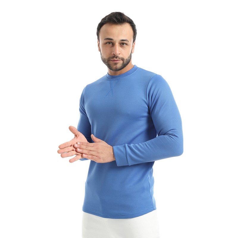 Andora Crew Neck Collar Self Patterened Blue Long Sleeves Pullover-Blue - Image 1