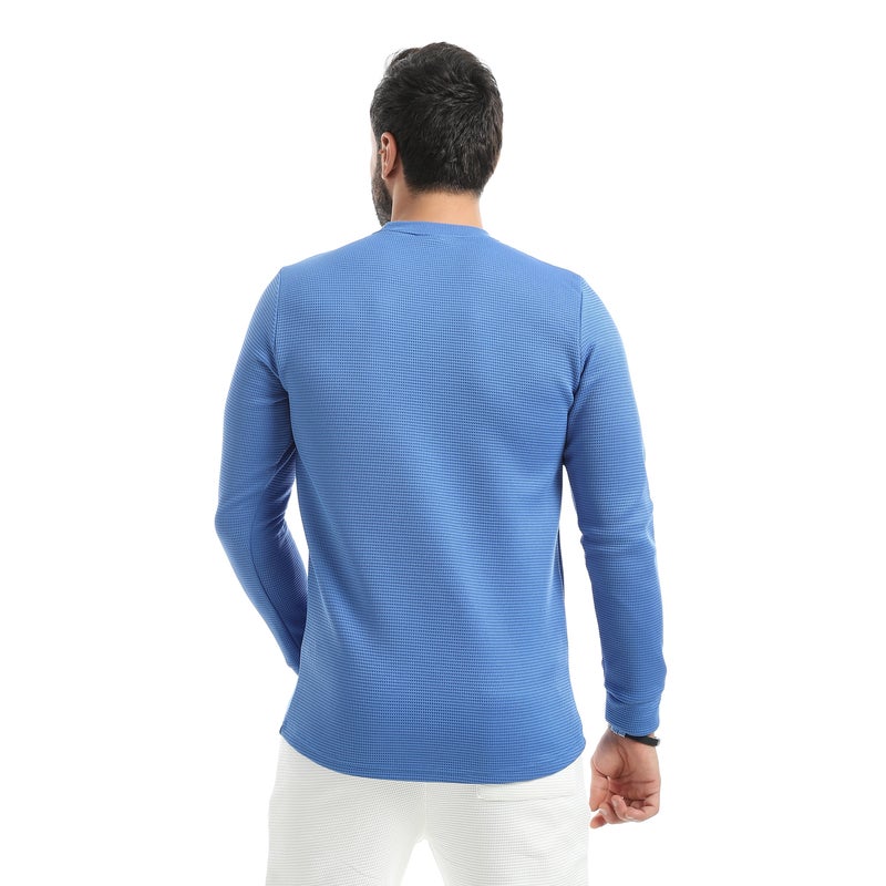 Andora Crew Neck Collar Self Patterened Blue Long Sleeves Pullover-Blue - Image 3