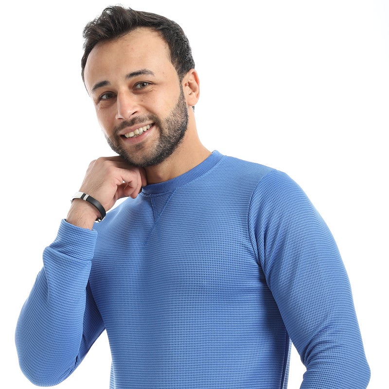 Andora Crew Neck Collar Self Patterened Blue Long Sleeves Pullover-Blue - Image 4