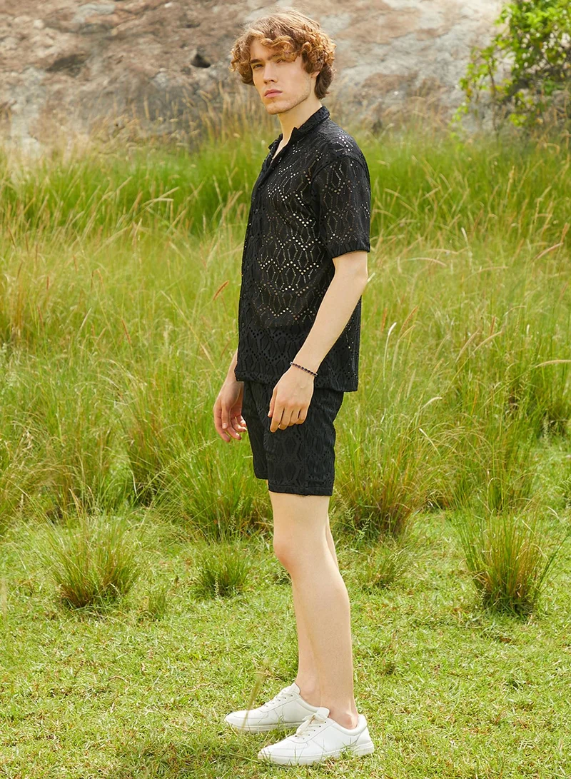 Campus Sutra Men's Raven Black Boho Knit Co-Ord Set