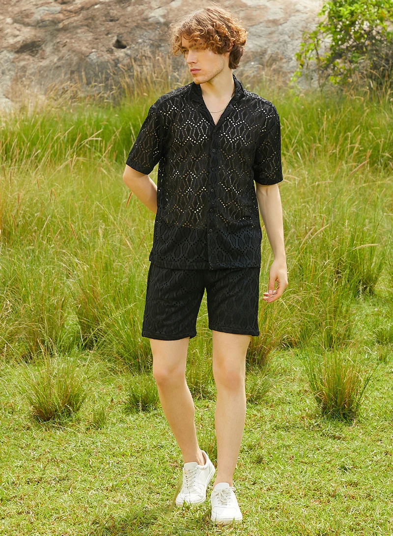 Campus Sutra Men's Raven Black Boho Knit Co-Ord Set