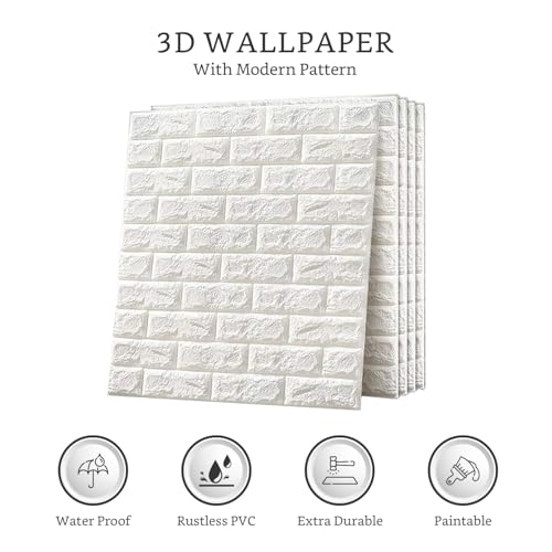 SPECULO 3D White Brick Wallpaper - Self Adhesive PE Foam Brick Design 3D Wall Stickers/DIY Wallpaper for Home Hotel Living Room Bedroom & Café (70 x 77cm, Appx. 5.8Sq Feet) White (Pack of 5) - Image 3