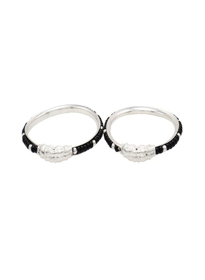 MOONPLUS Sterling Silver Born Baby Nazariya Black Bead Anklets | Velli Karugamani Kolusu | Payal | Bangle | Valayal | Hand Kappu | Kada Pattilu | 0-1 Year Unisex Babies | Naming Ceremony Gift - Image 1
