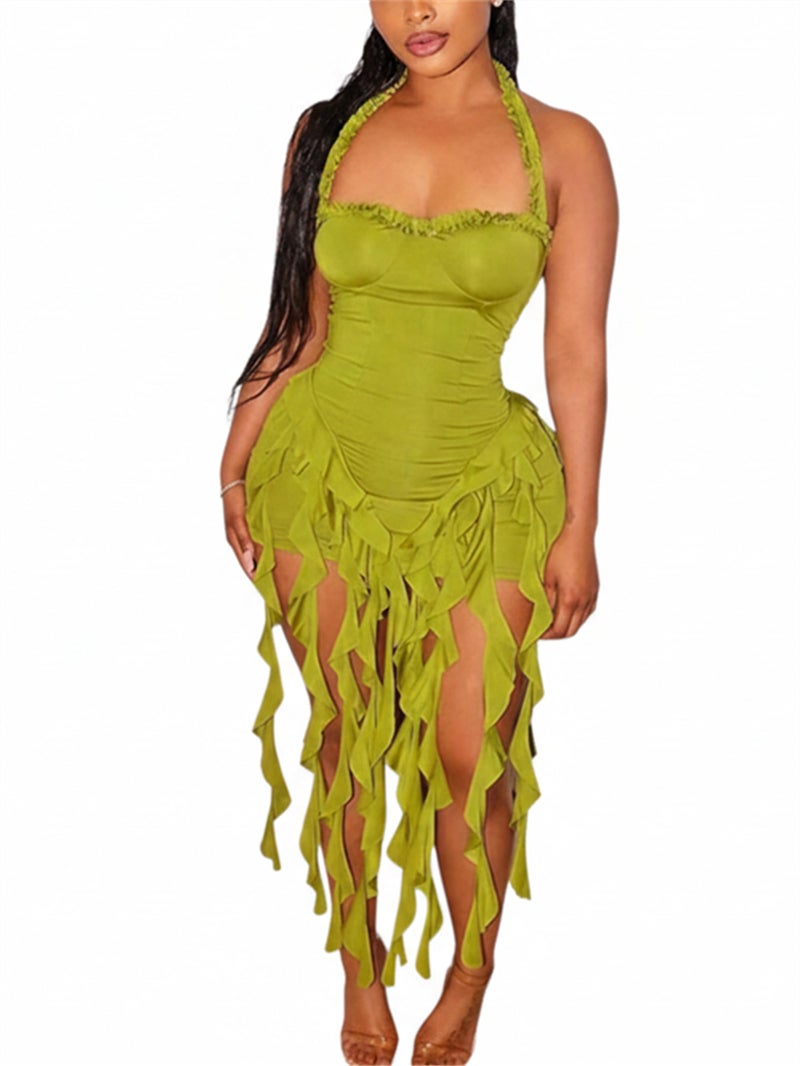 Uni Clau Women's Summer Mini Dress Sexy Halter Backless Ruffle Fringe Bodycon Short Dress Cocktail Party Beach Vacation Sundress Green - Image 1