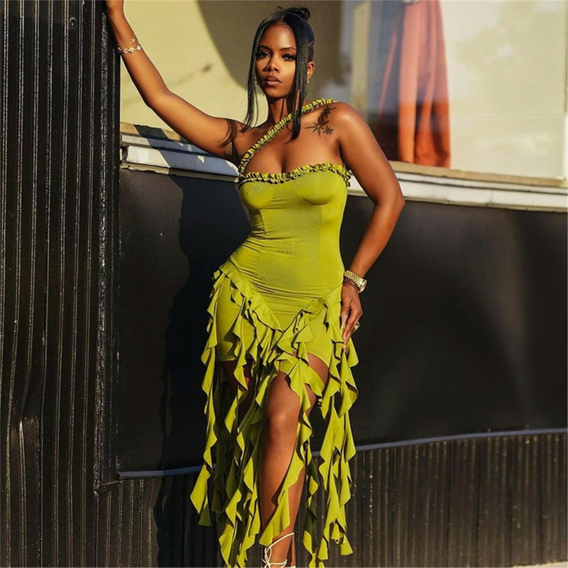 Uni Clau Women's Summer Mini Dress Sexy Halter Backless Ruffle Fringe Bodycon Short Dress Cocktail Party Beach Vacation Sundress Green - Image 5