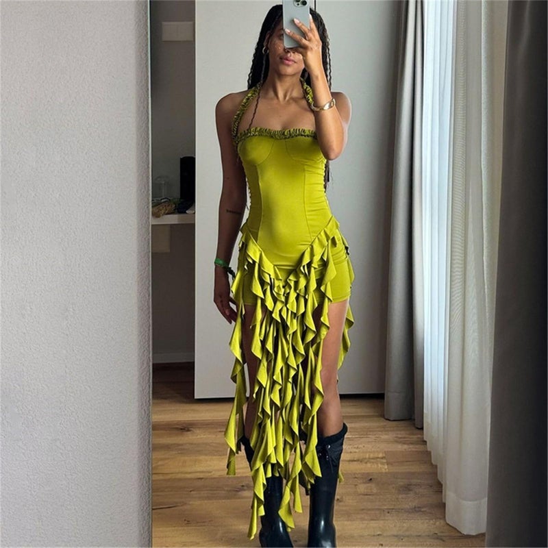 Uni Clau Women's Summer Mini Dress Sexy Halter Backless Ruffle Fringe Bodycon Short Dress Cocktail Party Beach Vacation Sundress Green - Image 4