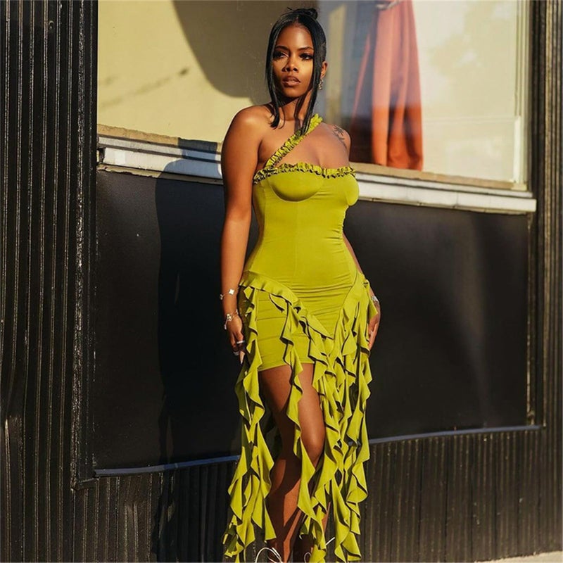 Uni Clau Women's Summer Mini Dress Sexy Halter Backless Ruffle Fringe Bodycon Short Dress Cocktail Party Beach Vacation Sundress Green - Image 2