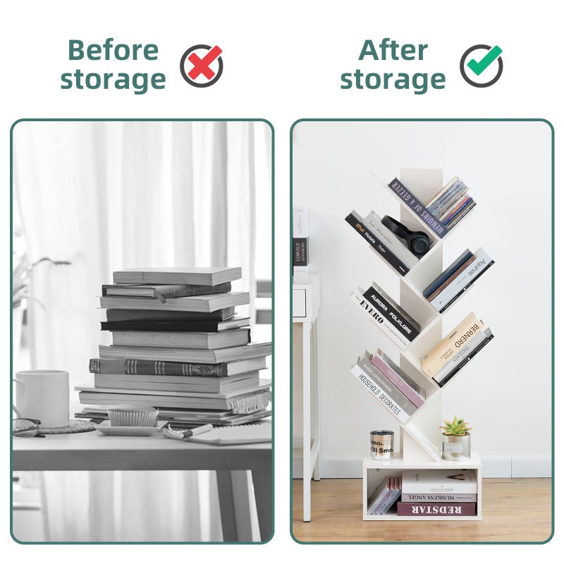 Yoobure Tree Bookshelf, 6 Tier Small Book Shelf Retro Floor Standing Bookcase, Wood Book Storage Organizer Rack, Tall Narrow Bookshelves for Corner/Bedroom/Living Room/Home Office, White - Image 4