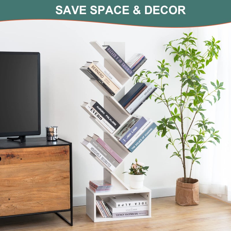 Yoobure Tree Bookshelf, 6 Tier Small Book Shelf Retro Floor Standing Bookcase, Wood Book Storage Organizer Rack, Tall Narrow Bookshelves for Corner/Bedroom/Living Room/Home Office, White - Image 2