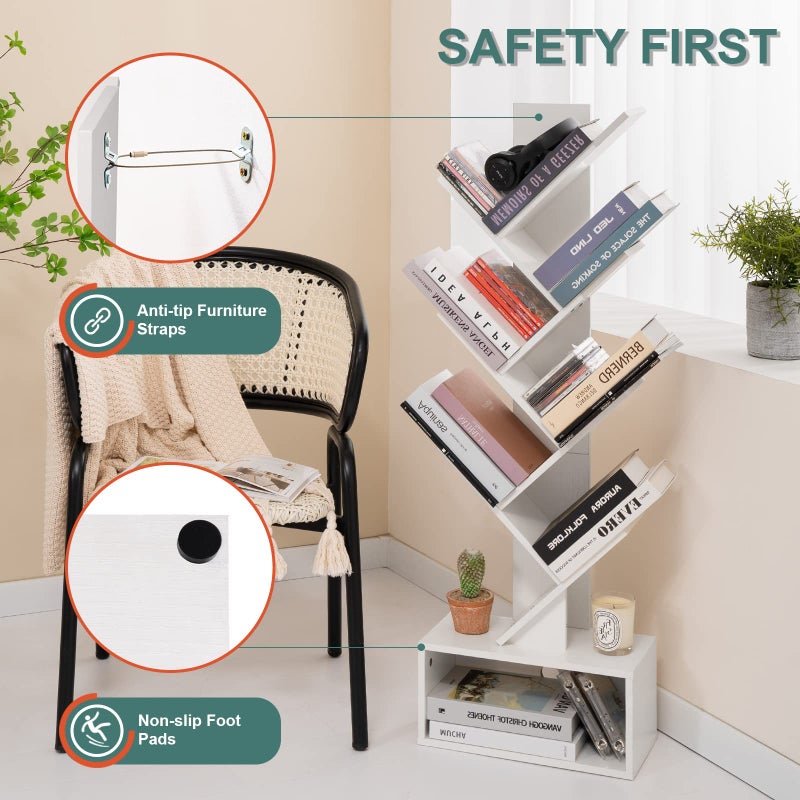 Yoobure Tree Bookshelf, 6 Tier Small Book Shelf Retro Floor Standing Bookcase, Wood Book Storage Organizer Rack, Tall Narrow Bookshelves for Corner/Bedroom/Living Room/Home Office, White - Image 3