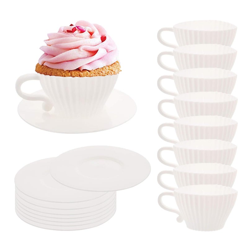 Qancesd Silicone Muffin Cups for Baking, 16 Pcs Teacup Cupcake Liners, Reusable Muffin Liners, Silicone Cupcake Baking Cups, 8 Cups & 8 Saucers, White - Image 1